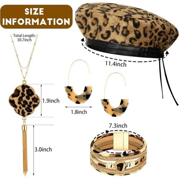 Chic Leopard Print Beret and Jewelry Set French Beret Earrings Bracelet Necklace - Picture 3 of 6